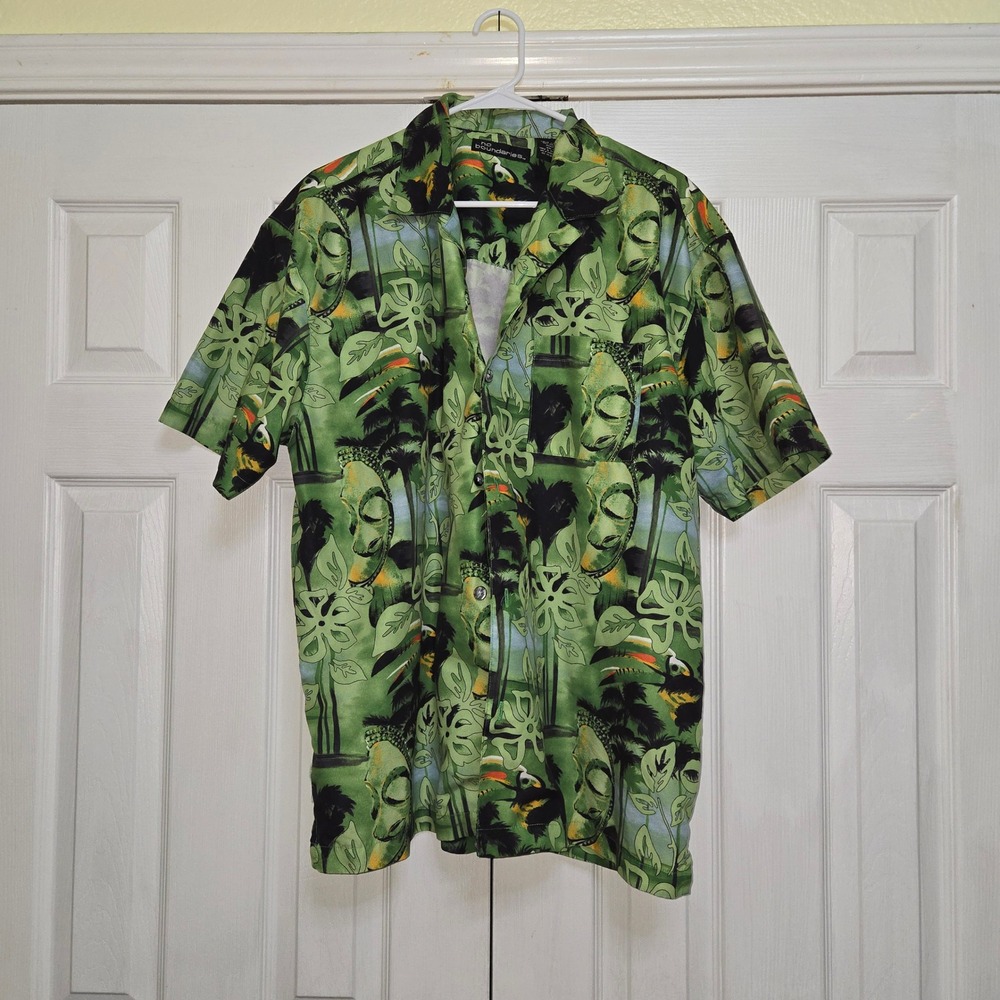 Vintage Y2K No Boundaries Hawaiian Shirt Men Large LimeGreen Tropical Tiki Beach